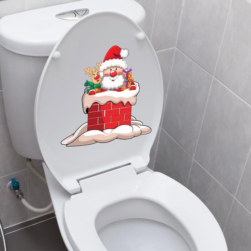 Iprokiu Christmas Toilet Sticker Chimney Santa Claus Reindeer Elf Toilet Seat Cover Decal Home Decor Waterproof Christmas Wall Sticker Elk Toilet Seat Lid Decal (Santa Claus and Deer) - Image 3